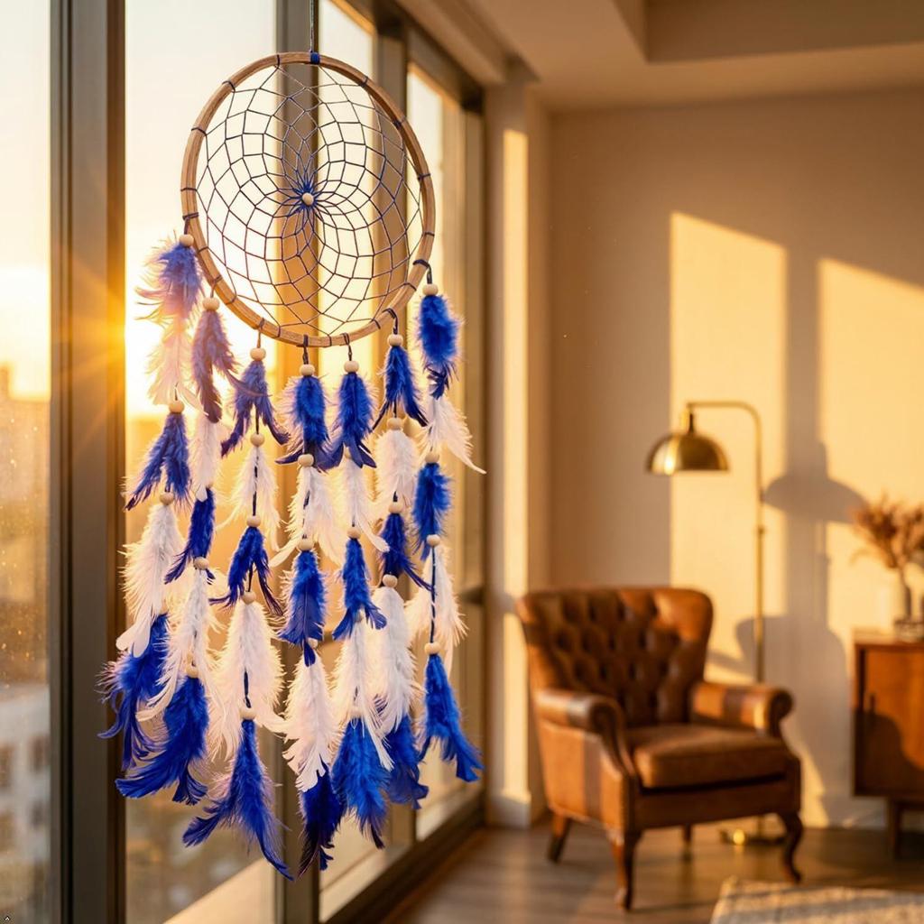 Cattura Sogni in Legno Artigianale con Luce LED - Grande 7 pollici, Appeso a Parete Stile Boho Rustico, Decorazione Camera da Letto Soggiorno, Blu