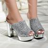 Plus Size Glitter Fabric Upper Super High Thick Heel Peep Toe Slippers Platform Blinding Sparkling Fashion Slippers