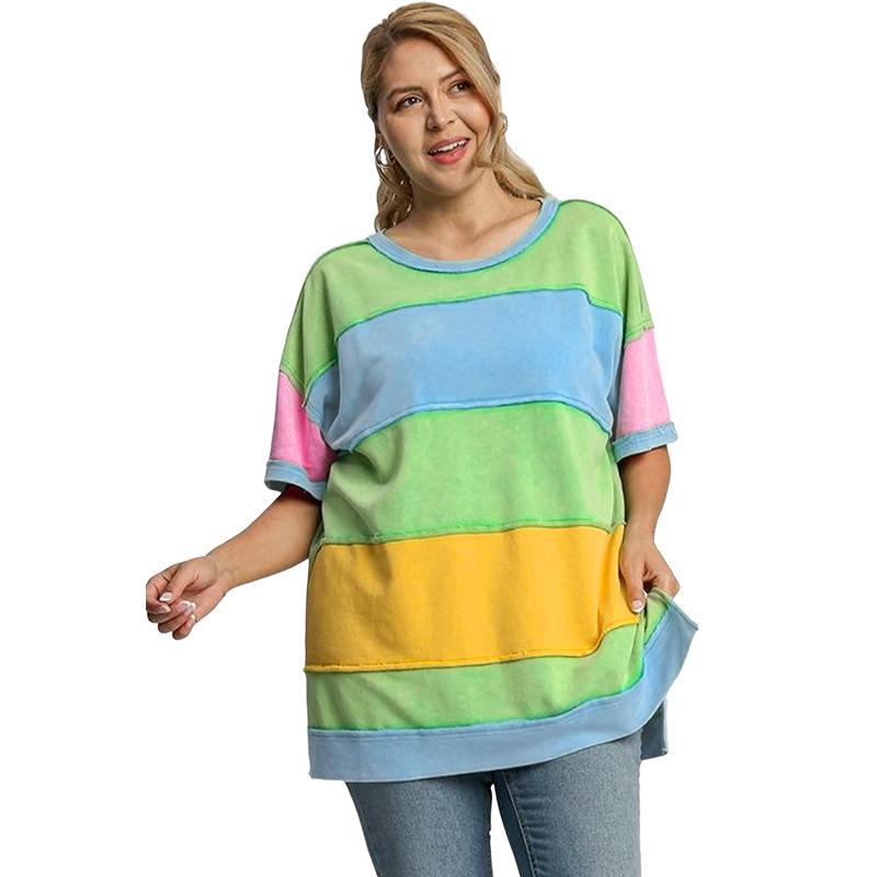 2025 Summer Plus Size Color Block Patchwork Striped T-shirt - Women s Casual European & American Style 4XL