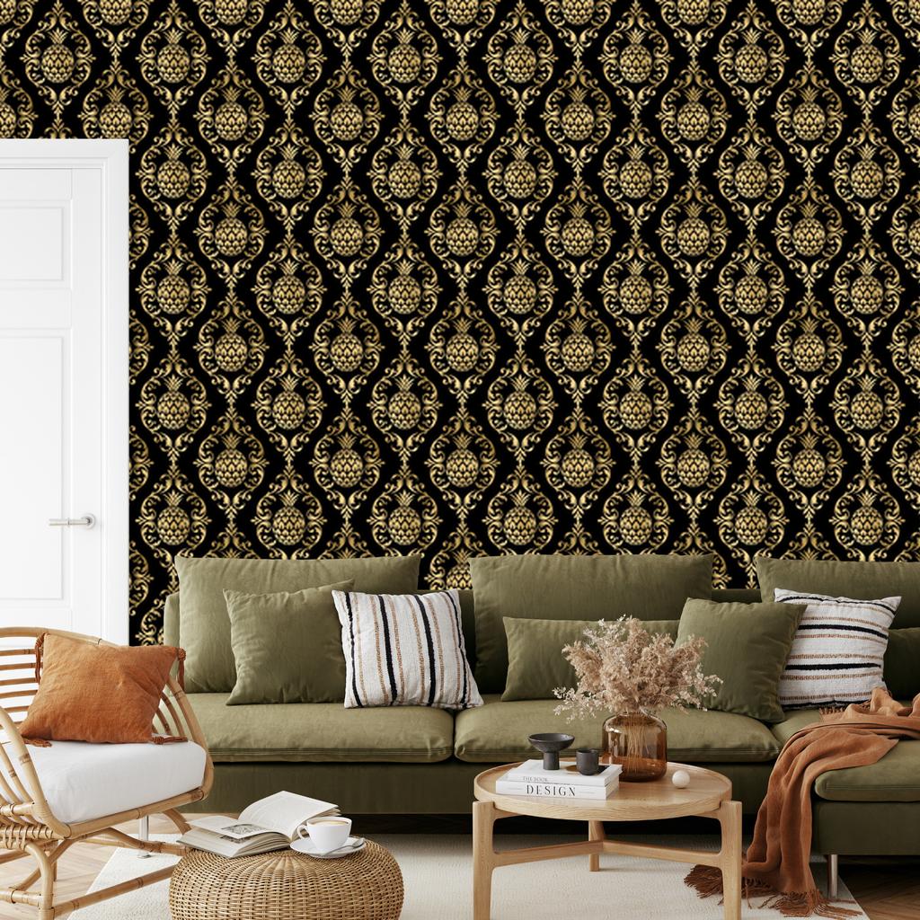 Black and Gold Tropical Ochre Pattern Wallpaper, Soft Shapes 50x1000