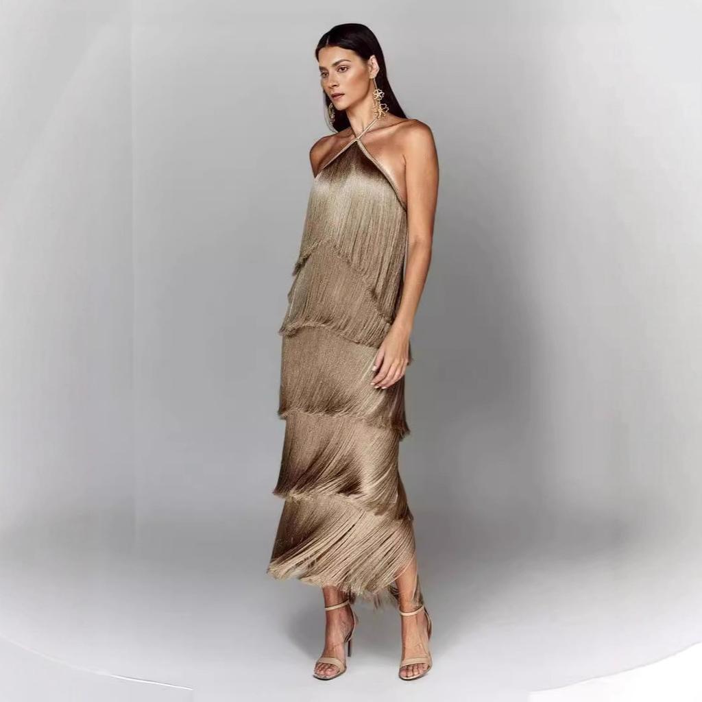 GY25044 fashion neck fringed backless slit dress
