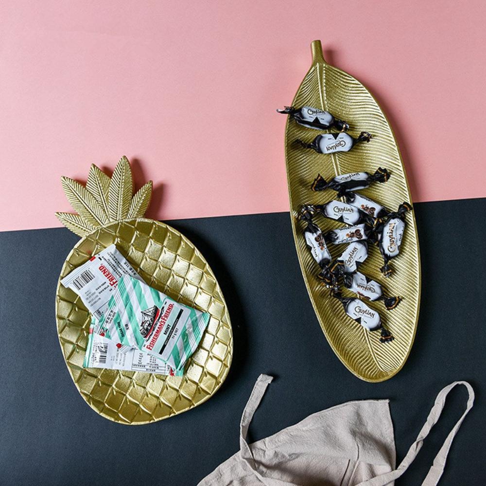 Gold Snack Dish Pineapple & Leaf Shaped Fruit Rack Jewelry Storage Tray Serving Tray Dessert Shelf