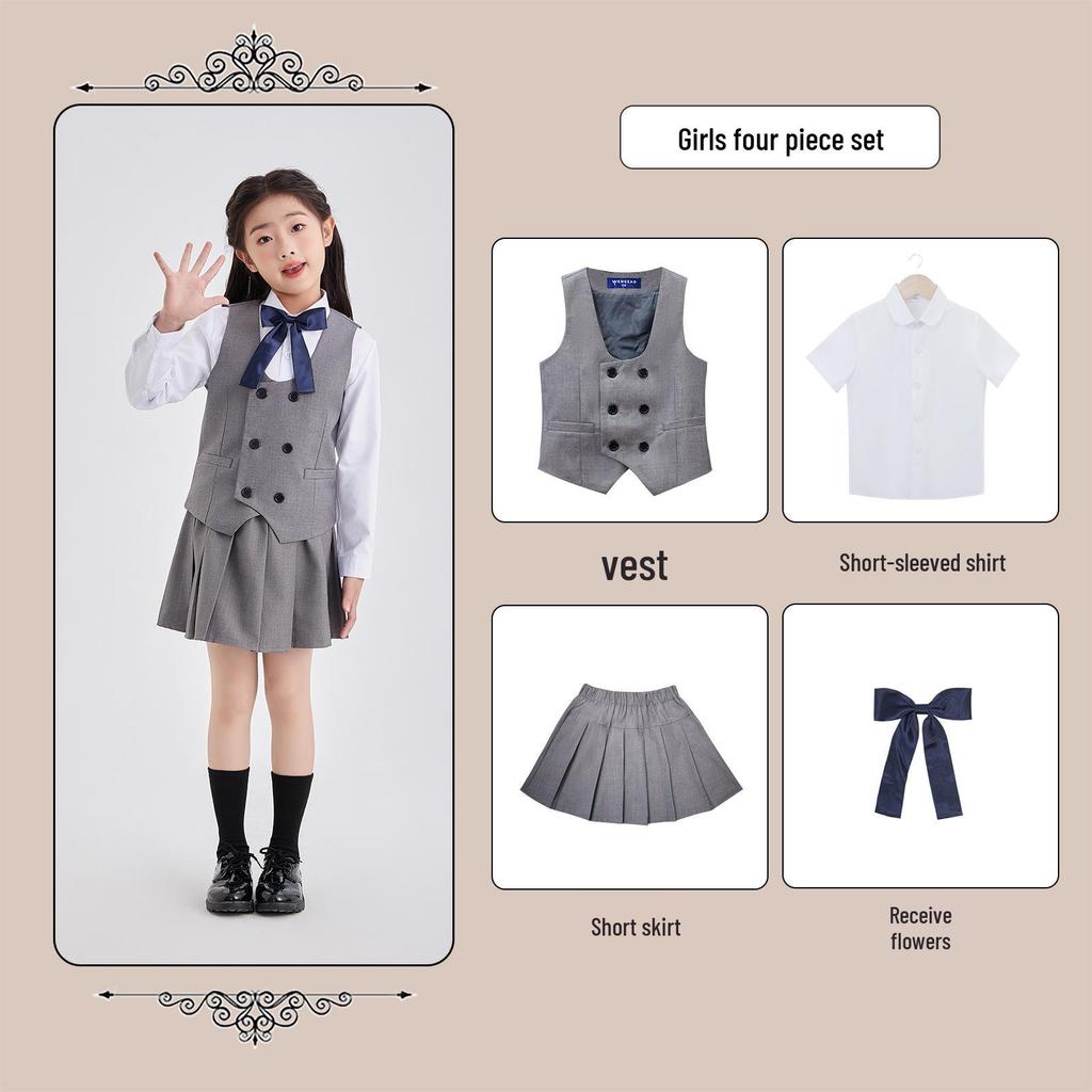 Children's Academic Style School Uniform Set: Primary School Vest & Kindergarten Short Sleeve for Back to School Photography
