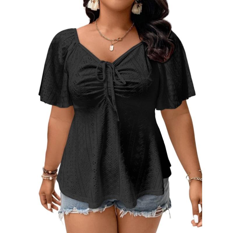 

Wrinkled Lace-up Top Short-sleeved Large Size Women s T-shirts 5XL чорний