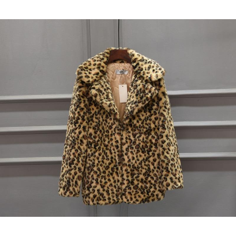Women's Leopard Print Faux Fur Coat Lapel Warm Winter Outerwear