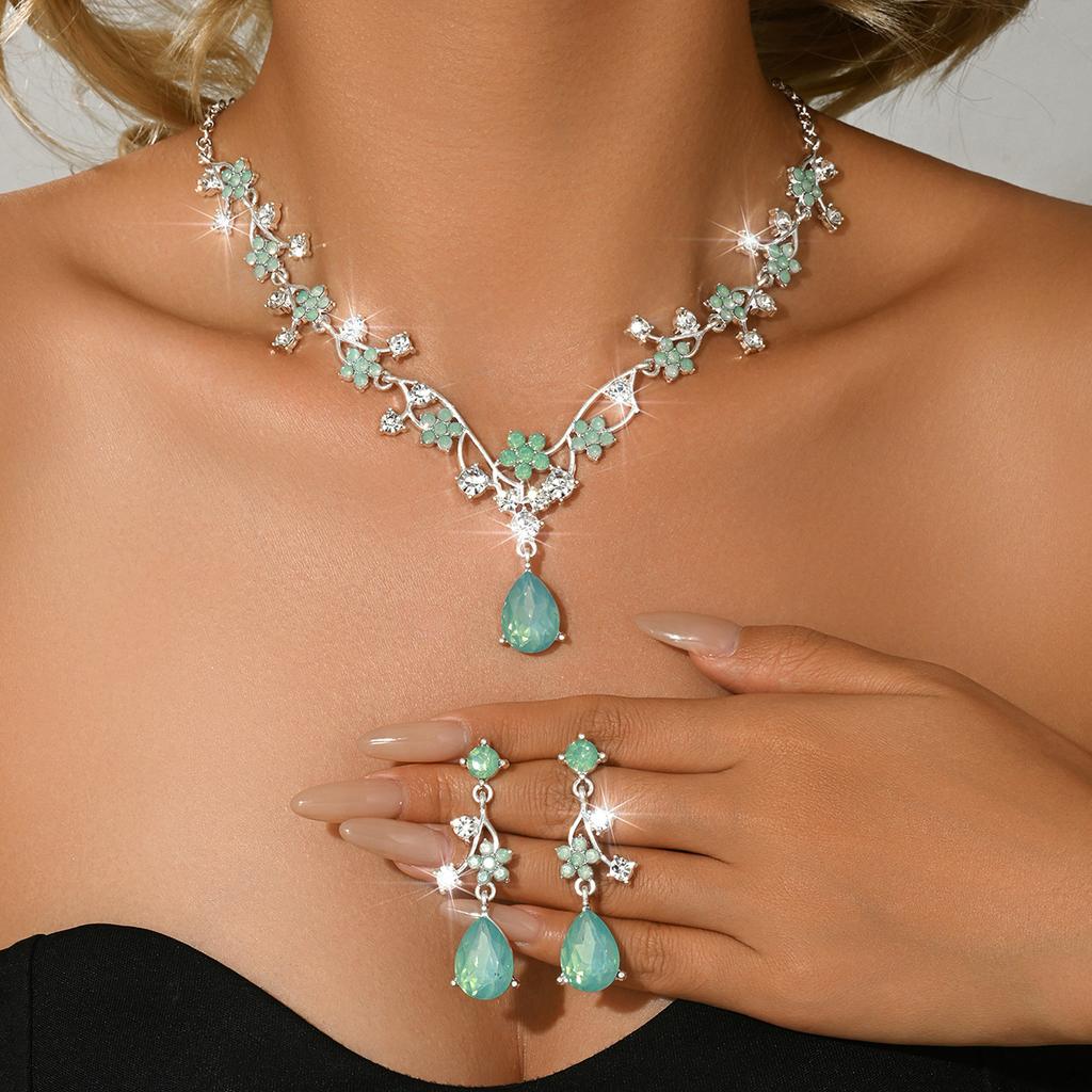 Women's Blue Geen Floral Earrings Necklace Set, Elegant Jewelry Gift for Women, Perfect for Parties & Daily Wear