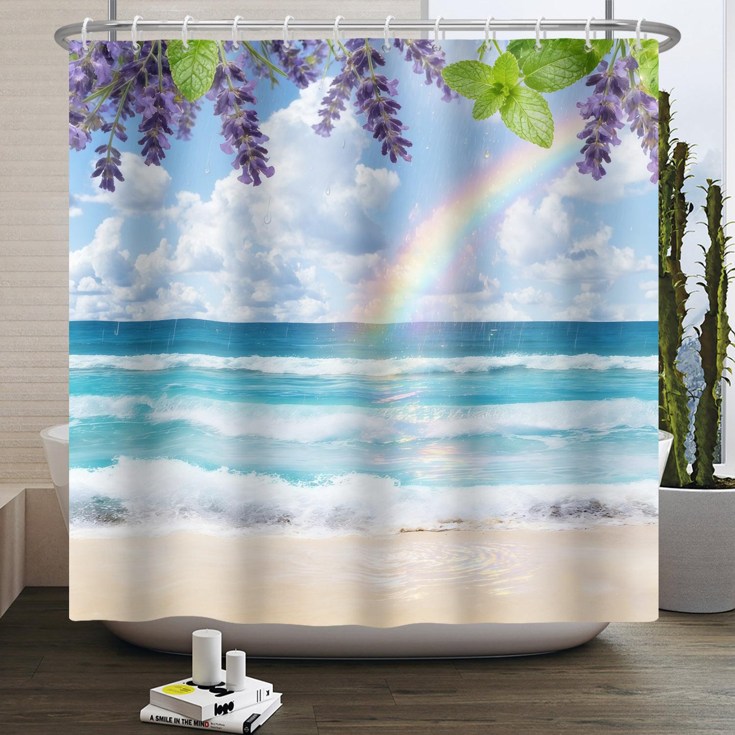 

Blue sky Beach Shower Curtain Modern scenery print Bathroom 3D curtain Relaxing Vacation for Coastal Resort Style Bathroom Decor 90x180cm-35x71in