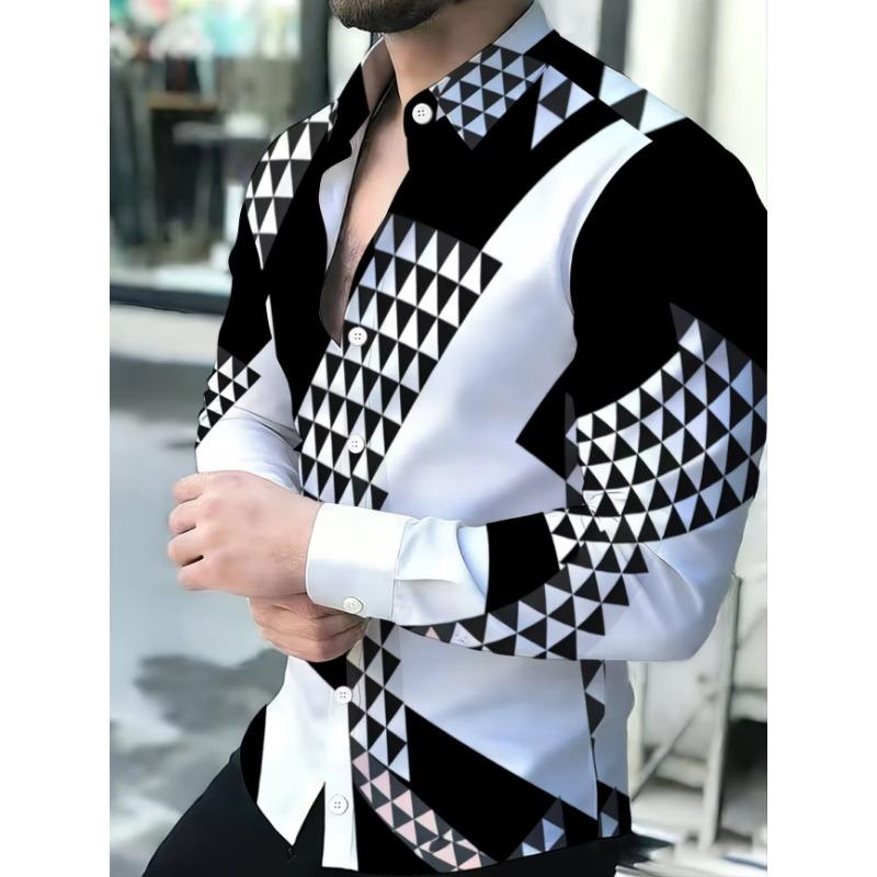 New men's casual shirt long sleeved slim fit 3D line printed shirt