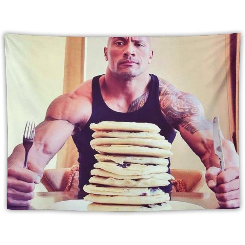 Muscle Man Pancake Feast Tapestry - Bold and Humorous Design for Home Decor and Aesthetic Beauty, Perfect for Any Room