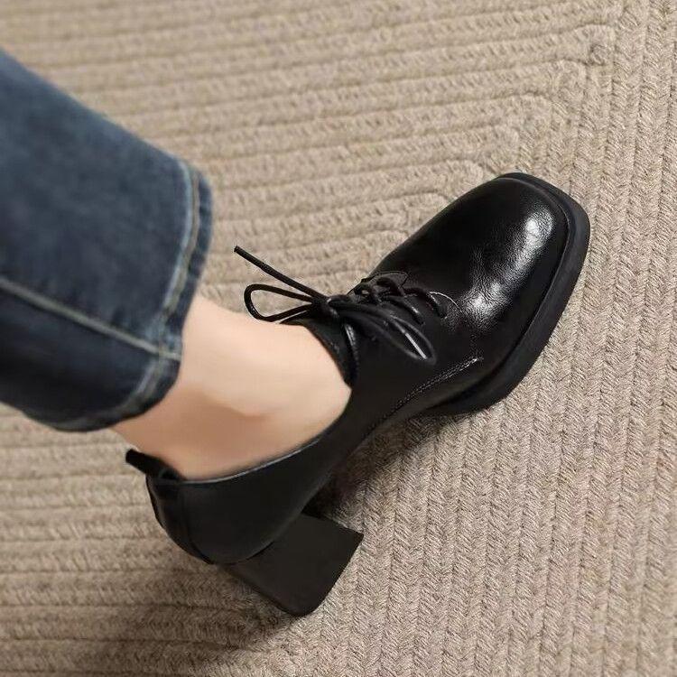 British-Style Women's Lace-Up Chunky Heel Loafers - Spring 2025 Collection: Comfortable Leather Shoes.
