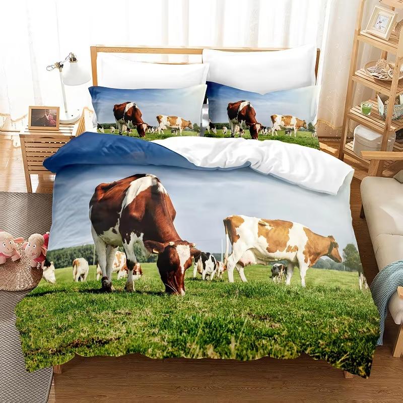 Housse de couette Vache Laitière Housse de couette Animal de Ferme Western Ensemble de literie Dessin animé King Queen Twin Ensemble de lit Style Ferme Décoration de chambre Kawaii EU Single(135*200cm)3pcs