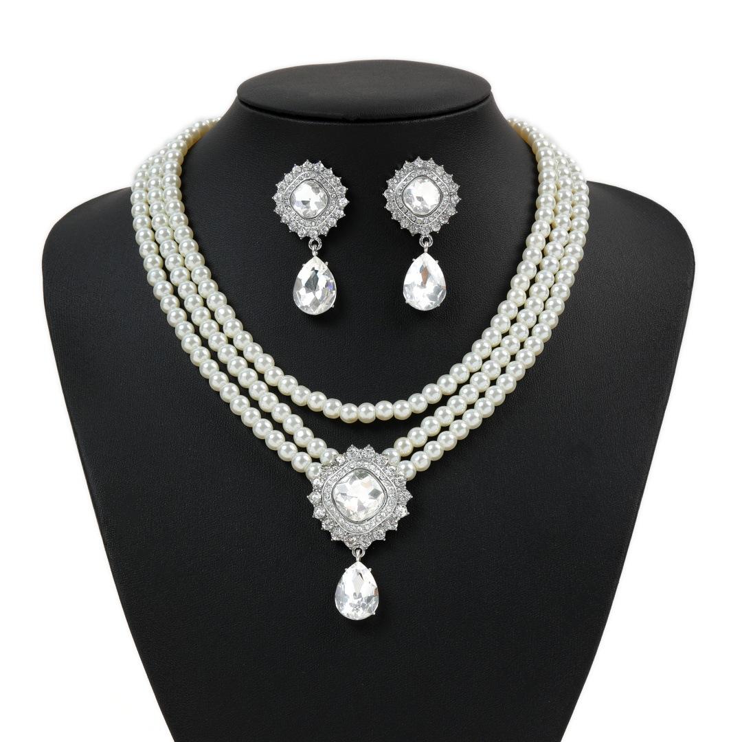 Imitation Pearl Necklace Earrings Bracelet Three-piece High-end Prom Bridal Dress Jewelry Set Fashion Accessories