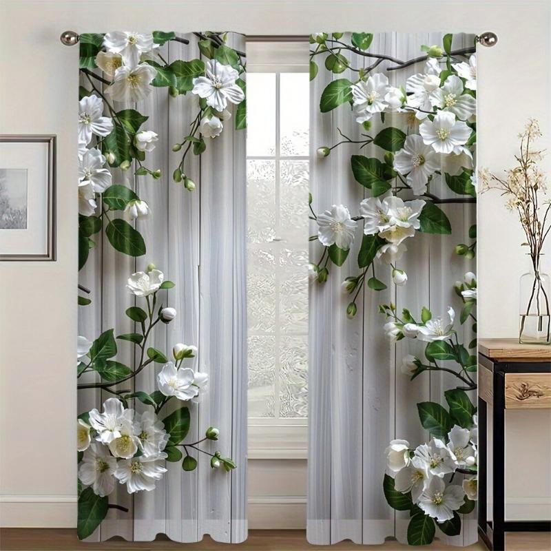 

White Flower Patterned Windowpane Design Home Decor Privacy Frosted Glass Living Room Bedroom Curtain Set Of 2 Elegant Made Polyester Washable Area W100*H70(CM)-Grommet top&1PCS