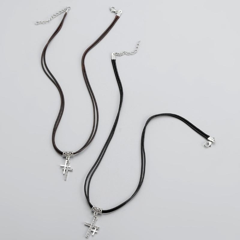 2pcs Heart Cross Cat Pendant Necklace Couple Black Rope Choker Necklace Jewelry