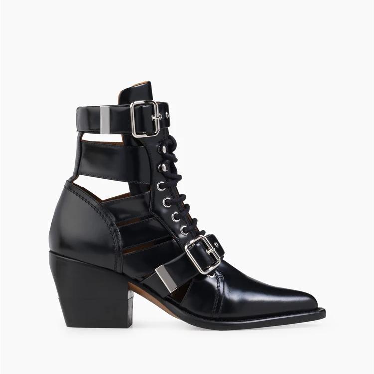 Fashion Brand Fashion Show Genuine Leather Hollow Out Women's Cool Boots Belt Buckle Pointed 6cm High Heels Fashion European American