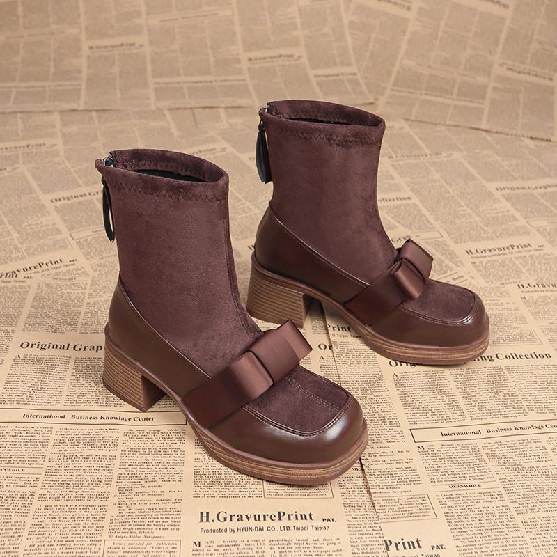

Замшевые женские ботильоны на платформе с бантом, модные высокие каблуки, квадратный носок, плюшевые массивные туфли, женские трендовые новые элегантные удобные зимние ботинки Femme 35