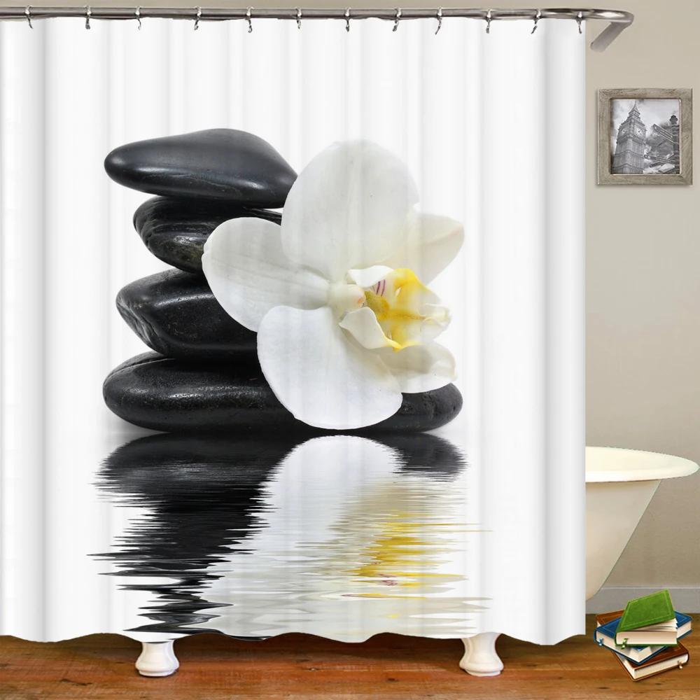 Flowers Plant Pebble Printed Shower Curtain Waterproof Washable Bathroom Decorative Curtain 3D Shower Curtains With Hook 240X180