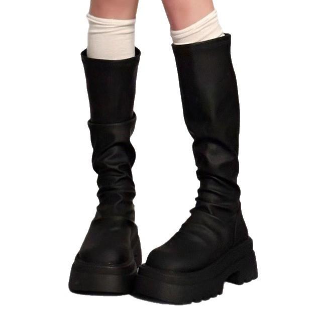 Skinny boots, black summer and autumn new models, but knee-high knight boots, thin stacking boots, thick-soled boots for women