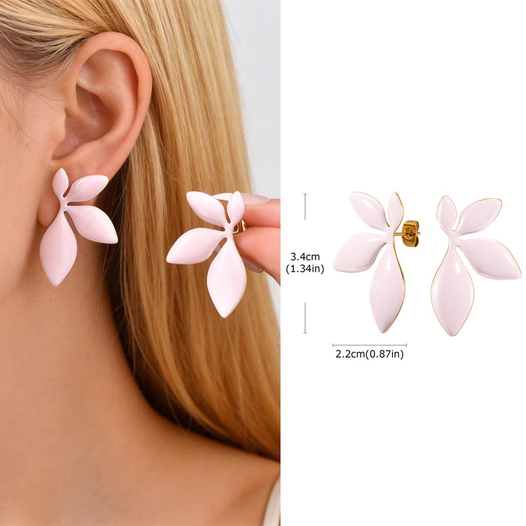 Elegant Pink Green Enamel Leaf Shaped Stud Earrings for Women Girls, Dainty Fashion Personality Design Stainless Steel Jewelry