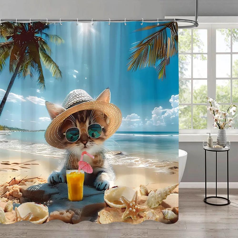 Funny Cat Children'S Shower Curtain Colourful Cartoon Patterns Children'S Room Curtains Bathroom Decor Accessories With Hooks