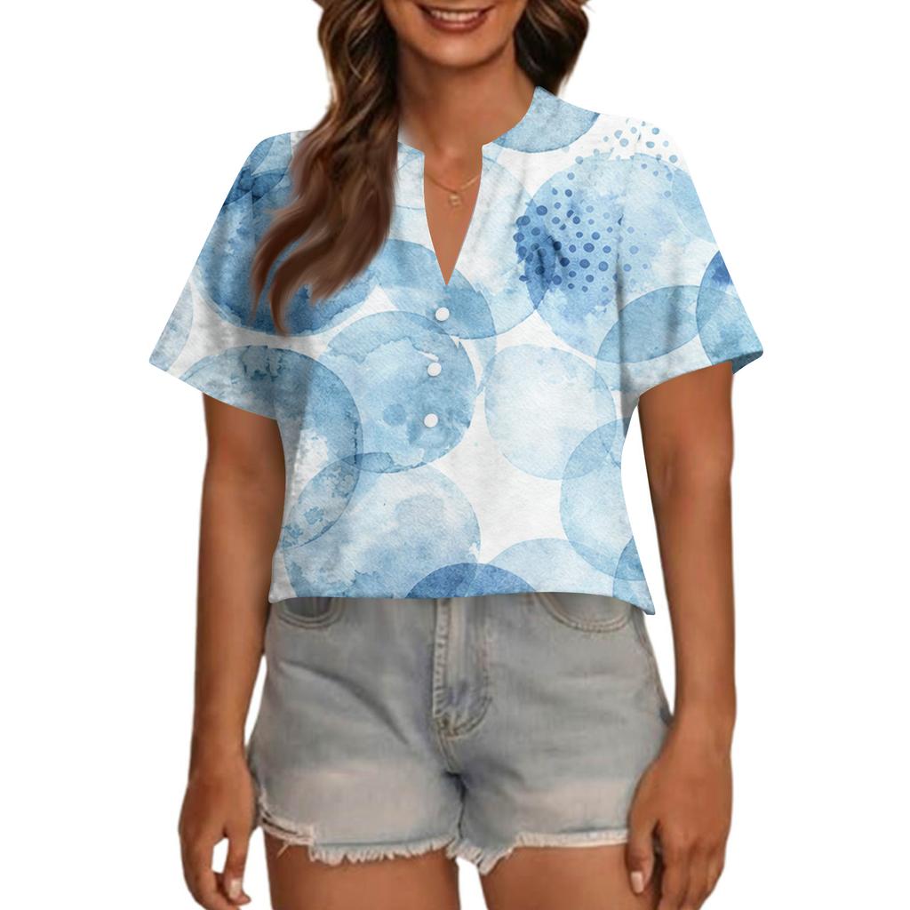 Women's Fashionable Casual V Neck Button Up Oversized Short Sleeve Printed Top