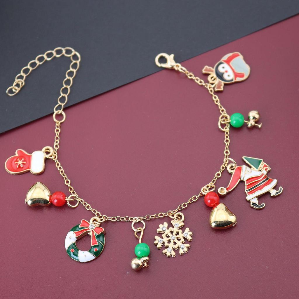 Creative European American Snowman & Santa Claus Christmas Bracelet with Bell & Wreath Pendant