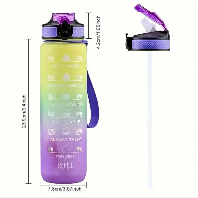 Leakproof Portable Gradient PC Sports Water Bottle with Time Marker,Lockable Lid,Silicone Straw,Fitness&Outdoor Motivational