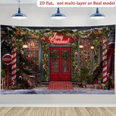 2D Merry Christmas Photography Backdrop Red Door Candy Cane Shop Front Party Background
