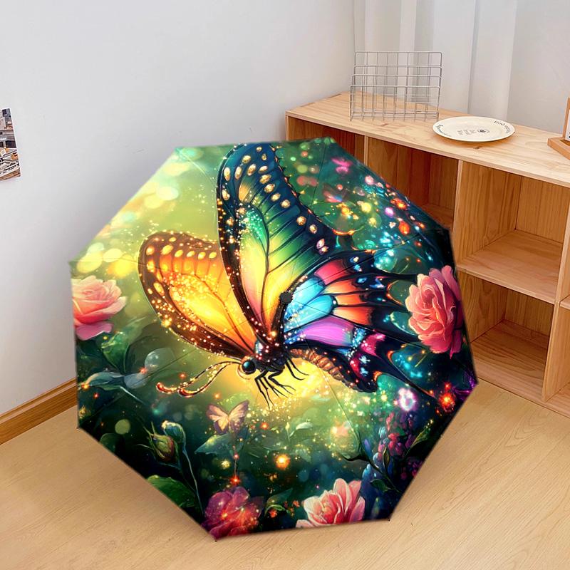 1 PC Automatic Folding Umbrella - Butterfly Garden Pattern, Portable & Foldable Design with 8 Ribs, Christmas Birthday Gifts
