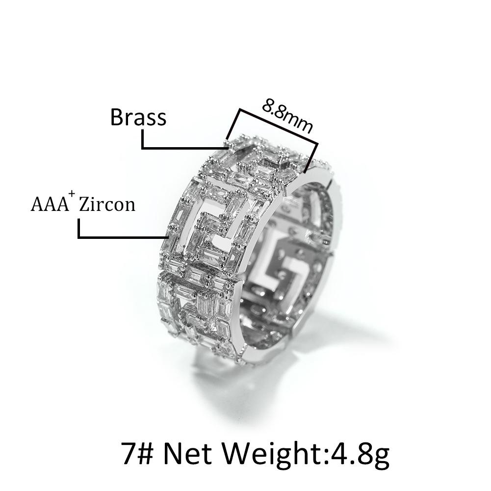 New Product Return-shaped Square Zirconium Ring Male Creative Hollow Design Copper Inlaid Zircon Hip-hop Ring