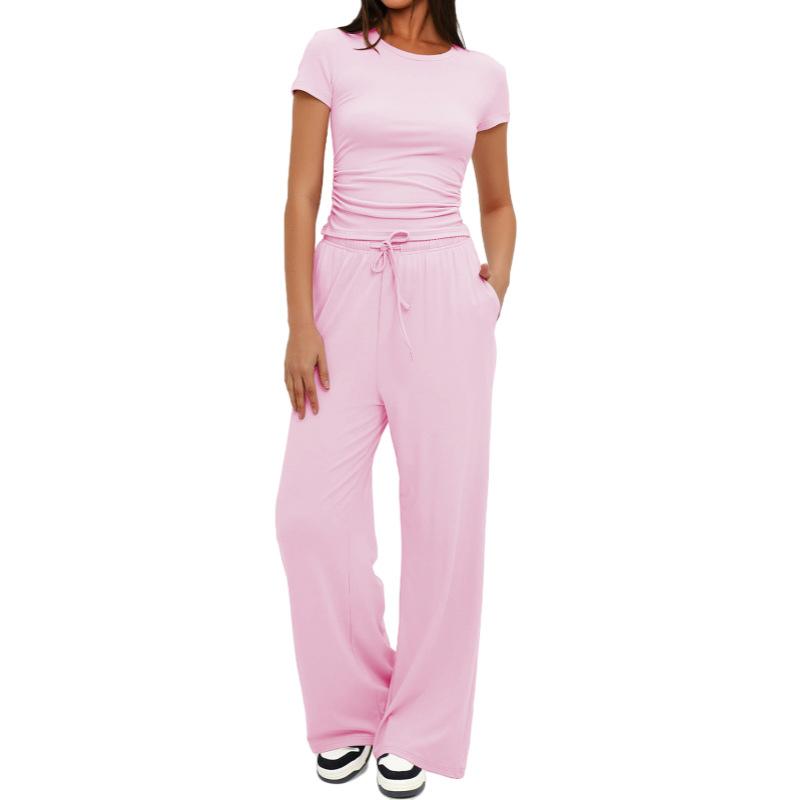 Solid Color Casual Long Sleeve Set Top High Waisted Wide Leg Pants Sportswear