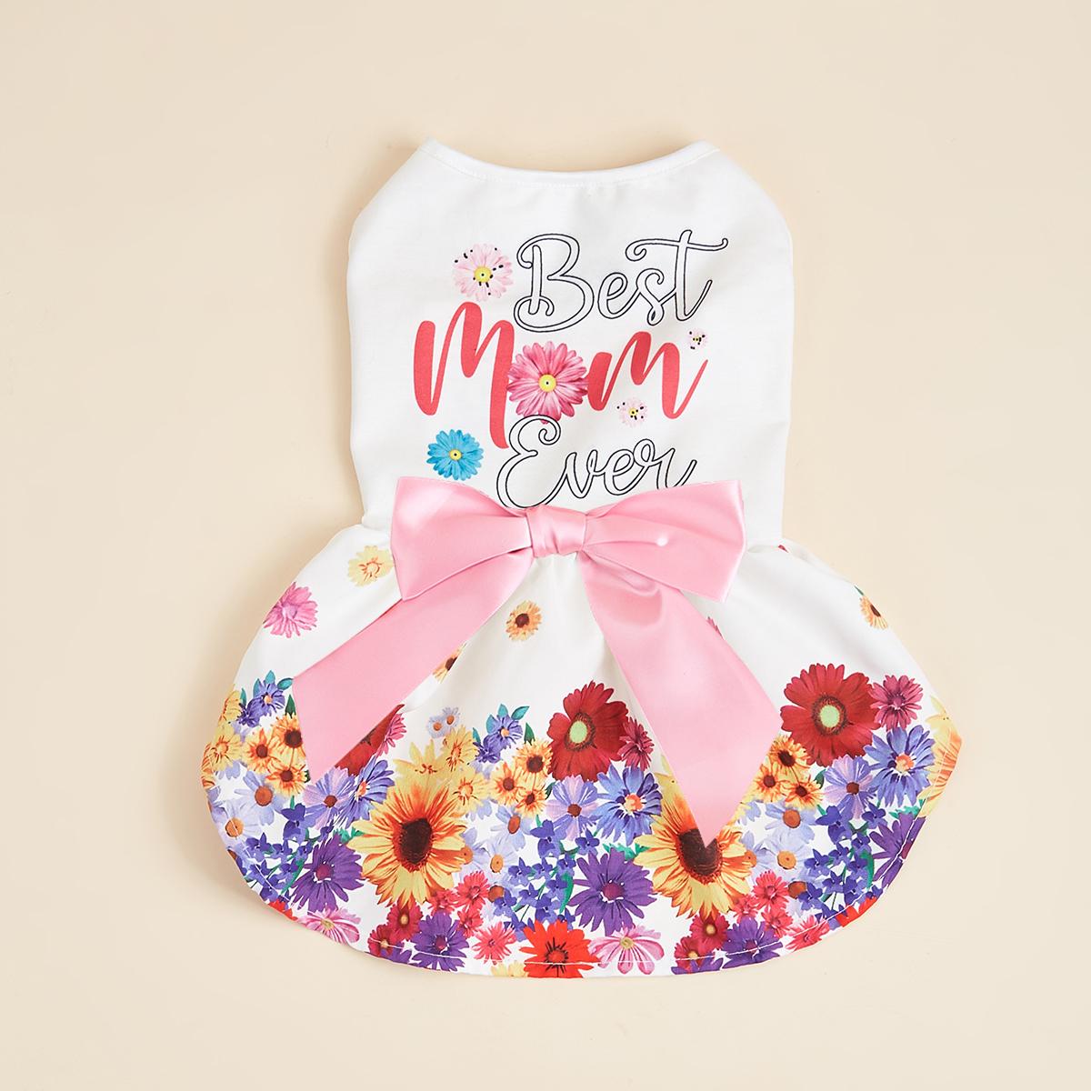 

Pet Dress with Colorful Floral Print & Pink Bow, Cute Puppy Outfit, Fashion Small Dog Apparel, Sweet Pet Wear for Party Weeding XS（old） білий