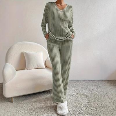 Damen Loungewear Set Geripptes Langarm-Oberteil und Weite Hose Passendes Pyjama-Set Lässige 2-teilige Outfits