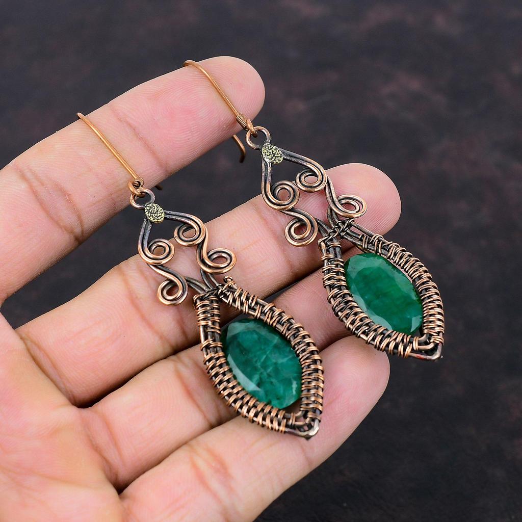 Faceted Zambian Emerald Earring Copper Wire Wrapped Earring Unique Copper Design Jewelry Handmade Earrings Gemstone Jewelry Gift For Bridal