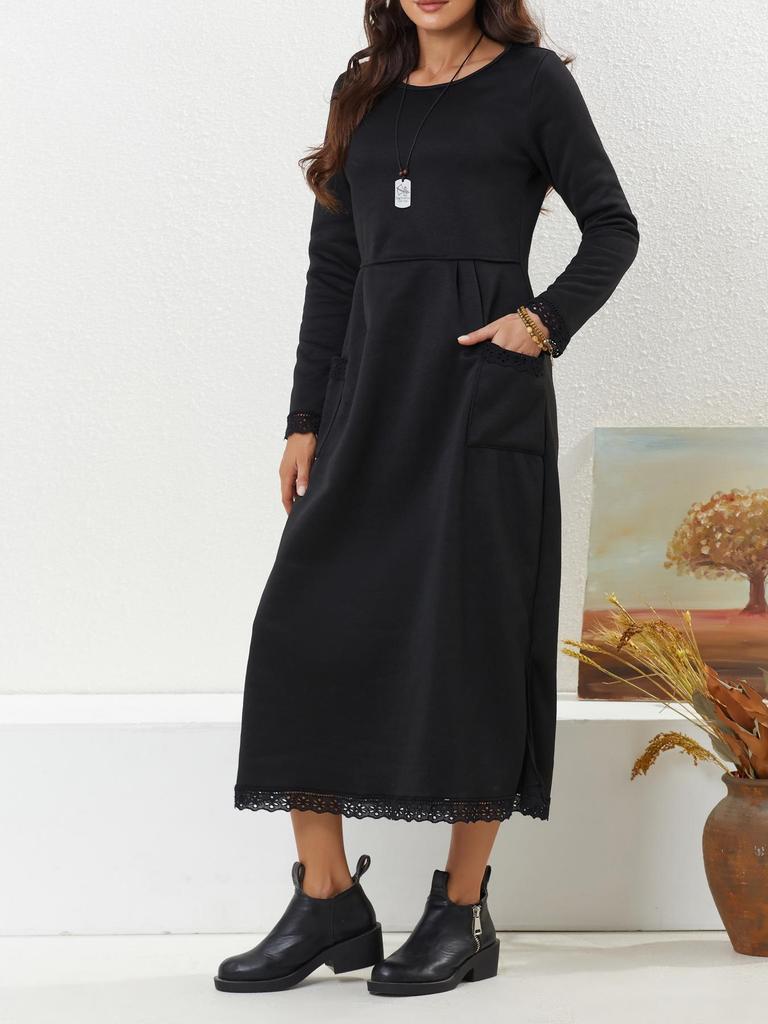 2023 Autumn Loose Plus Size Knit Lace Long Fleece Sweatshirt Dress
