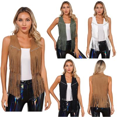 Womens Cowgirl Costume Sleeveless Fringe Waistcoat Tassel Vest Cosplay Outfits