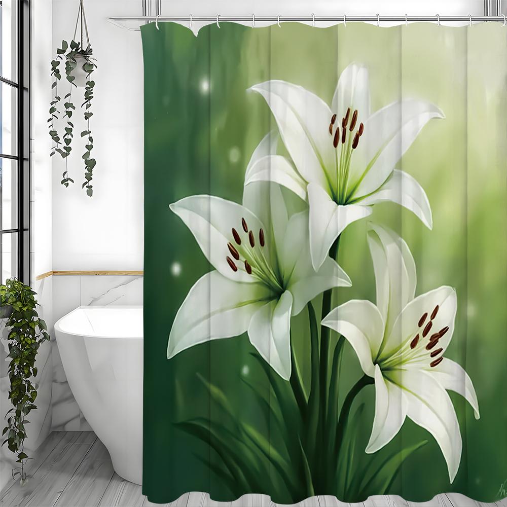 Perfume Lily Shower Curtain, Bathroom Decorative Shower Curtain, Waterproof Shower Curtain with Hooks