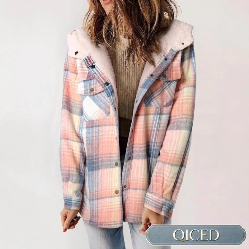 QICED Women's Long Sleeve Hooded Collar Vintage Casual Autumn Winter Jackets & Coats Casual Chic