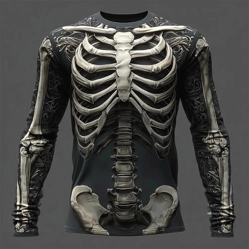 Creative Design 3D Skull Print Men's T-Shirt Autumn Daily Casual Long Sleeve Crew Neck Pullover Tees Oversize Breathable Clothes