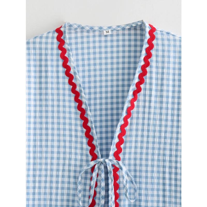 Vintage žena mřížkovaný tisk srdce patchwork šněrovací halenka dámská volná elegantní výstřih do V packet párty venkovní topy dívky jaro a léto