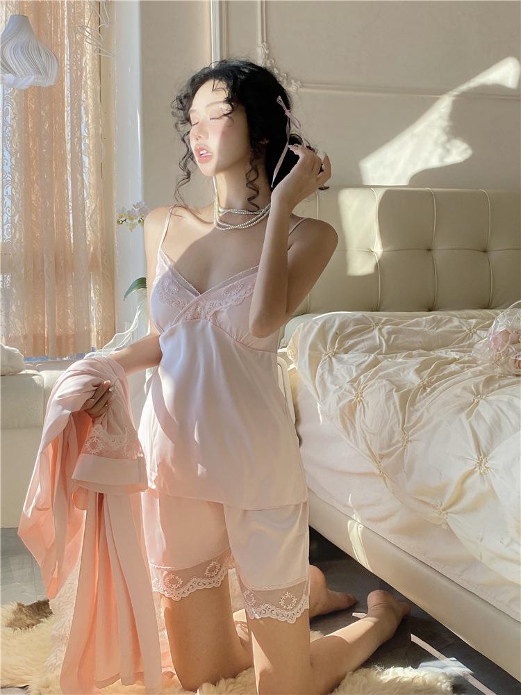 Summer Ladies Ice Ribbon Chest Pad Suspender Shorts Pajamas Lace Loungewear Set Sexy Halter Deep V