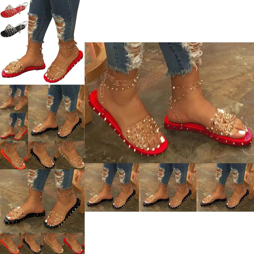 Women Summer Ankle Strap Sandals With Rivet Accents And Transparent Upper For Breathable Comfort