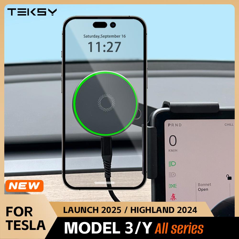 Auto Handyhalter Halterung 15W Magnetisch Kabellos Ladegerät Kompatibel mit MagSafe für Tesla Model Y 2026 Launch Model 3 HIGHLAND BYD