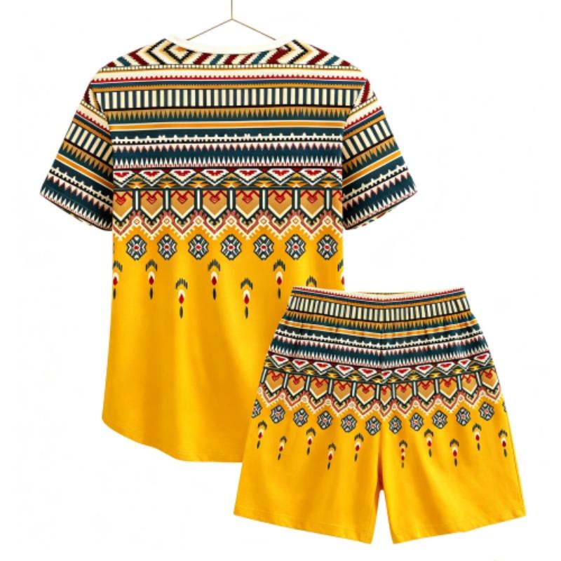 Summer Fashion Ethnic Style Geometric 3D Printed Round Neck Short Sleeved Kids T-Shirt And Shorts Set Boy's and Girl's T-shirt Shorts Set