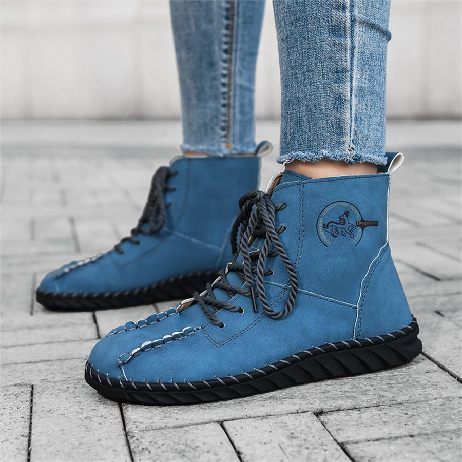 

Модные ботинки Женская обувь Кожаные ботильоны для женщин Осень Зима Удобные женские ботинки Ручная строчка нитью Мама Botas Mujer 36 синий