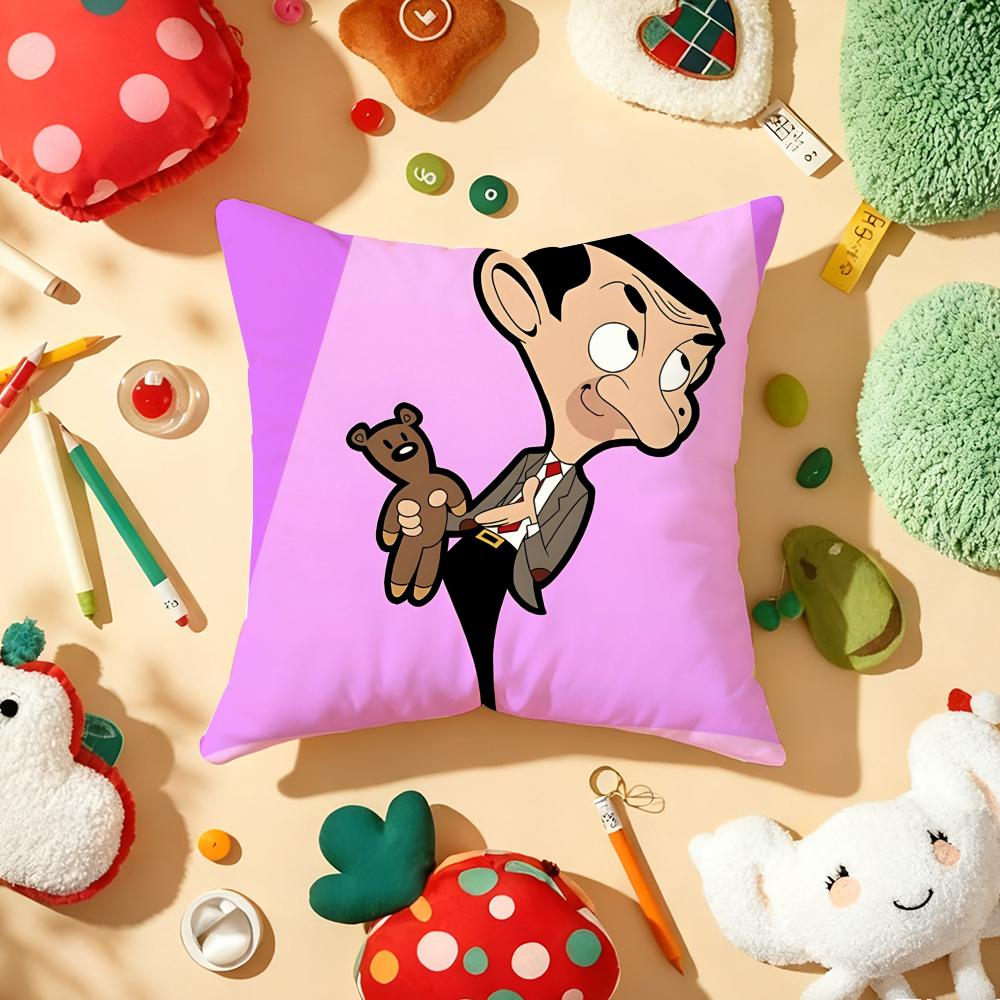 M-Mr. Beans Cartoon Pillow Case Plush Fabric Soft Double-Sided Printed Sofa Warm Winter Home Gift Cushion Cover
