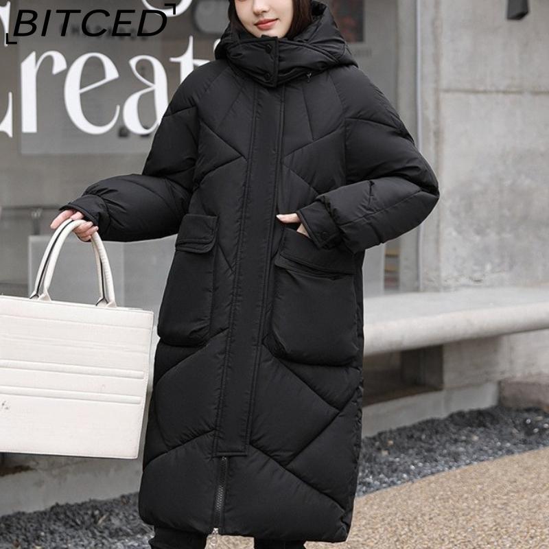 BITCED Thickened Puffer Jacket Down-Filled Cotton Coat Women's Loose-Fit Winter Coat Mid-Length Knee-Length Cotton Jacket