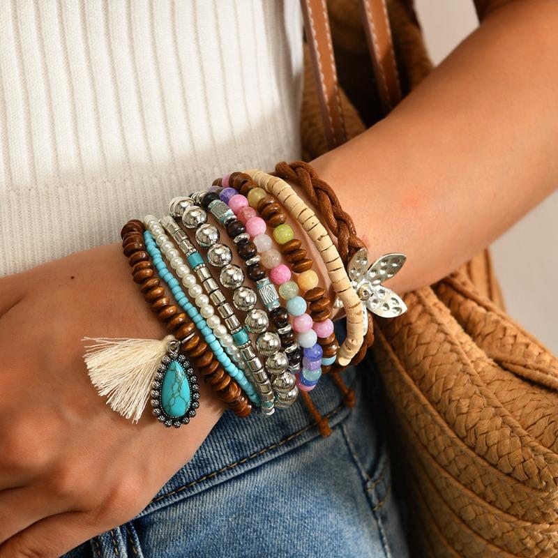 10/set, Multi-layer Beaded Bracelet, Elastic Rice Bead Bracelet.