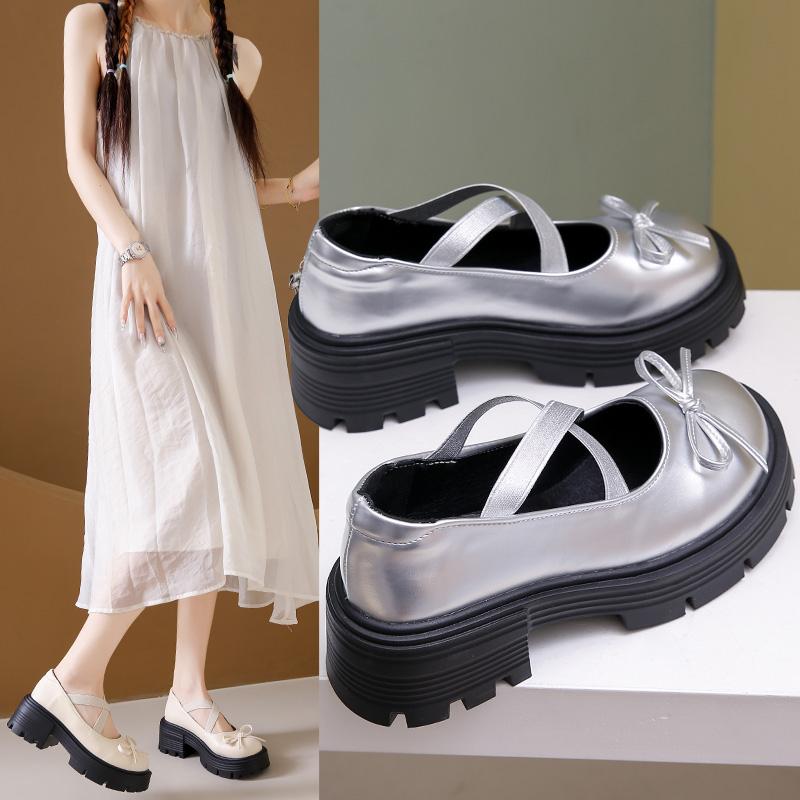 Silver  Platform Pumps  2025 Autumn Bowtie Crossed Straps  Jane Shoes Woman Pu Leather Thick Heeled Jk Shoes
