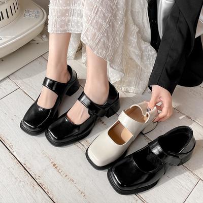 Black Square Head Light Mouth Thick Heel Single Shoes Spring and Autumn Versatile Skirt Mary Jane Small Leather Shoes